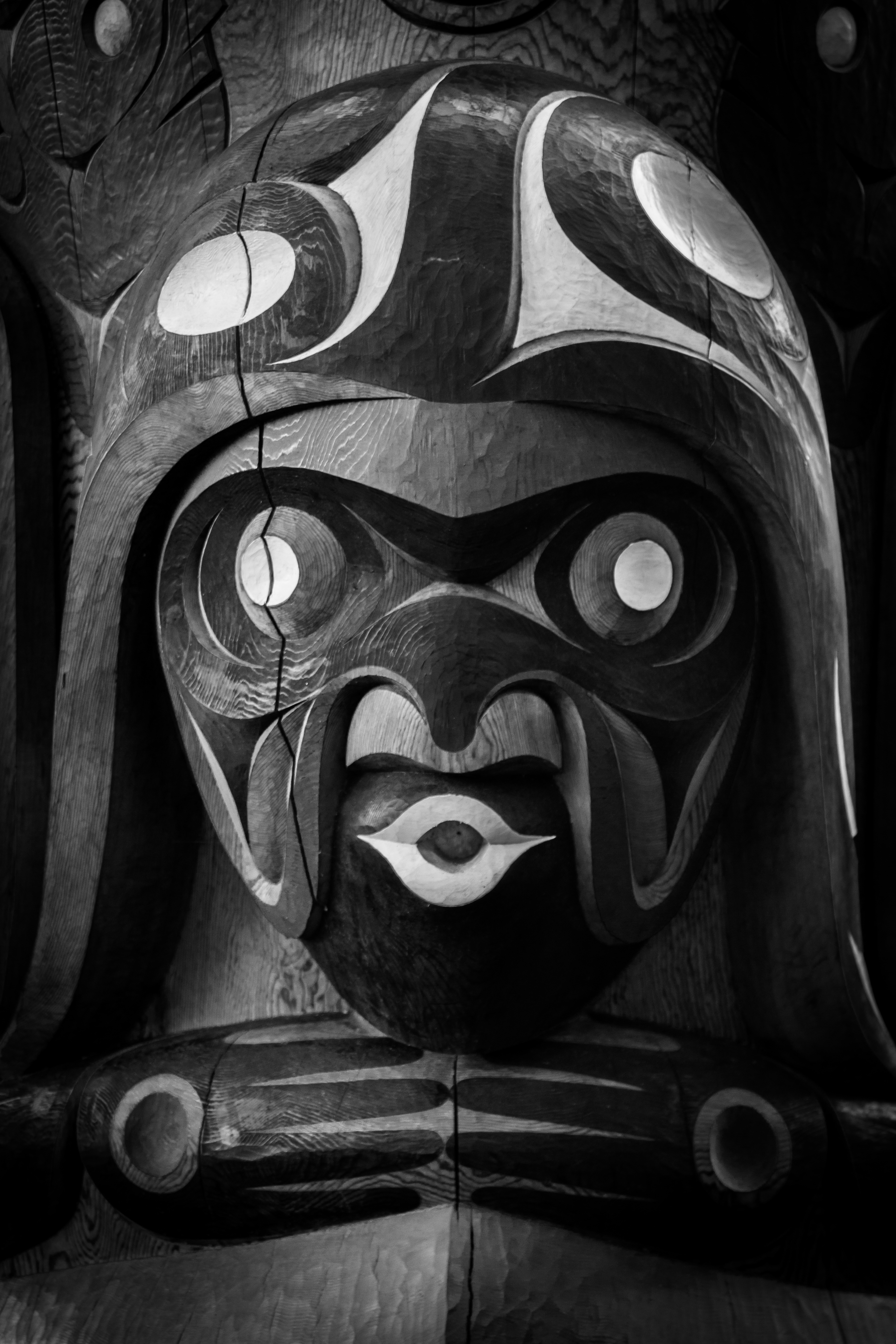 Sasquatch, or sasquets, who watches over the village. Carved into the YOS totem at the Trans Canada Trail.